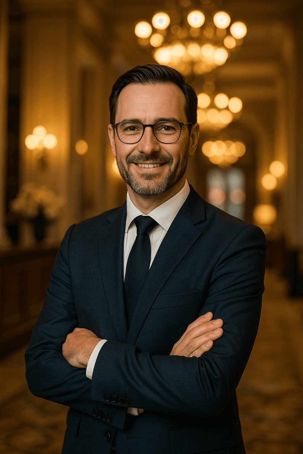 Homme en costume souriant, dans un hall illuminé - Agence de création de site web – Diadao